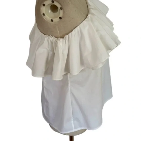 90s CHELSEA & THEODORE OFF ONE SHOULDER BOHO COTTON BLEND WHITE RUFFLE TOP SZ 8 - Picture 5 of 7